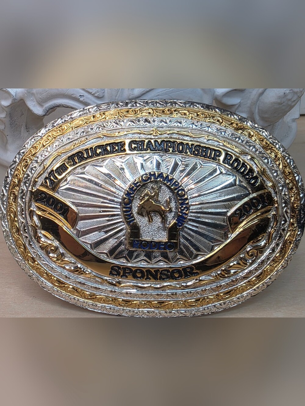 VTG Crumrine 2001 Truckee Championship Rodeo Sponsor Belt Buckle Gold Silver E.P